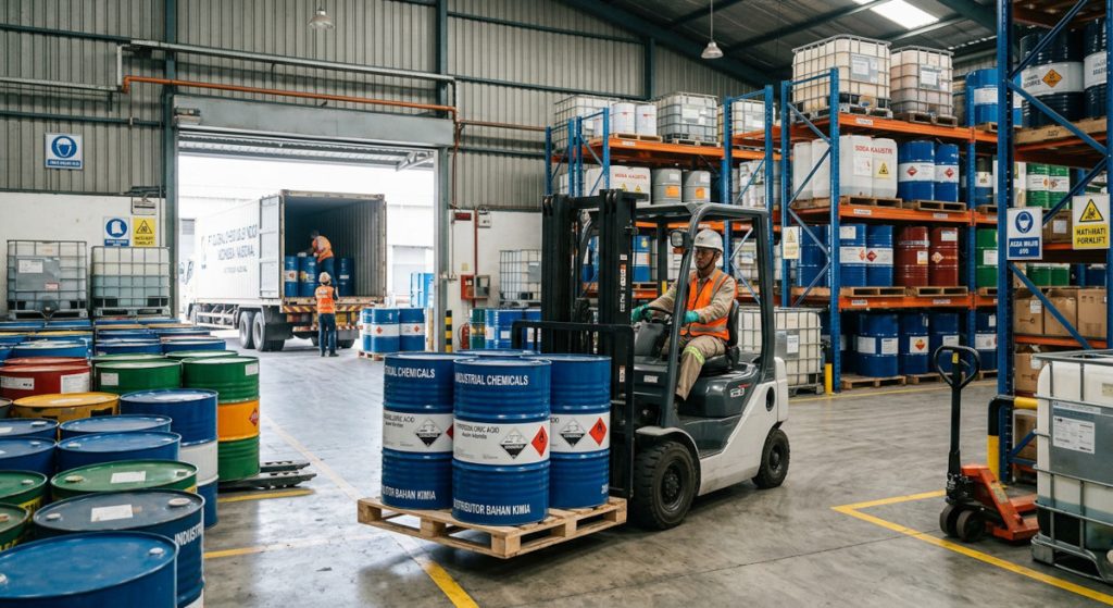 Suasana kesibukan aktivitas logistik di gudang distributor bahan kimia untuk menyuplai sektor industri makro