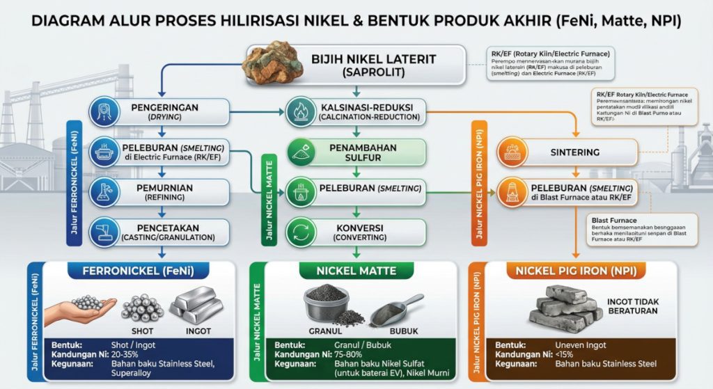 Diagram alur dan bentuk produk hasil hilirisasi olahan nikel jenis FeNi, Matte, dan NPI