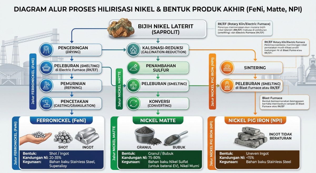 Diagram alur dan bentuk produk hasil hilirisasi olahan nikel jenis FeNi, Matte, dan NPI