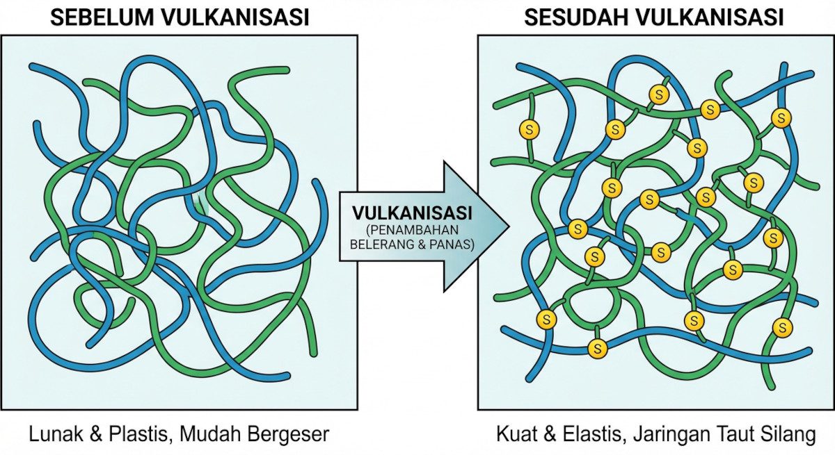 Ilustrasi molekul karet sebelum dan sesudah proses vulkanisasi (cross-linking)