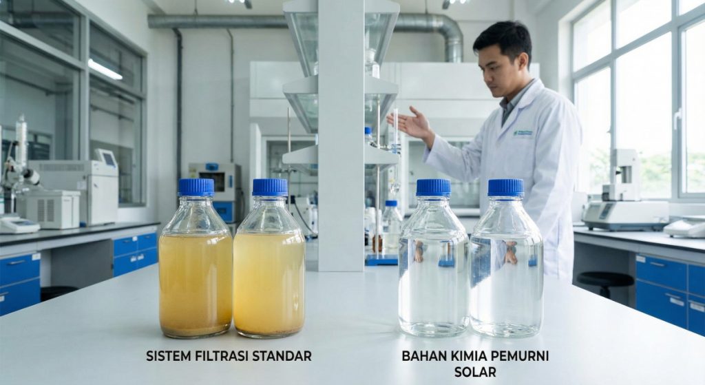Perbandingan hasil penjernihan minyak solar menggunakan sistem filtrasi standar dan bahan kimia pemurni solar