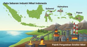 Peta sebaran industri nikel di Indonesia dan ilustrasi pabrik pengolahan smelter nikel