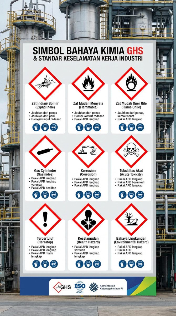 Pratinjau poster simbol bahaya kimia GHS untuk standar keselamatan kerja industri