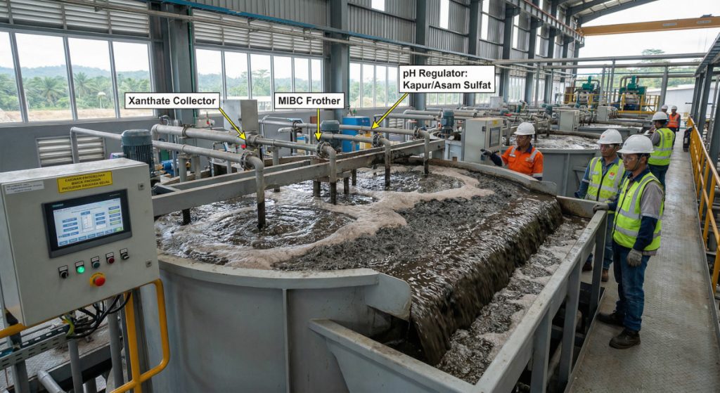Proses buih flotasi (froth flotation) menggunakan reagent kimia untuk pemisahan mineral berharga