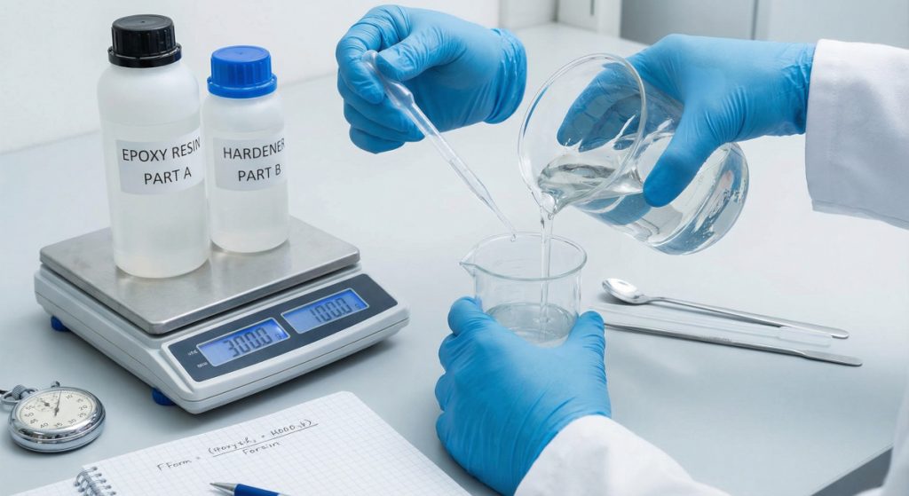 Proses teknis pencampuran resin bening dan katalis cair dengan perbandingan dosis yang presisi