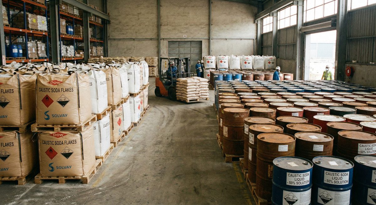 Stok bahan kimia Caustic Soda Flake dan Cair di gudang industri