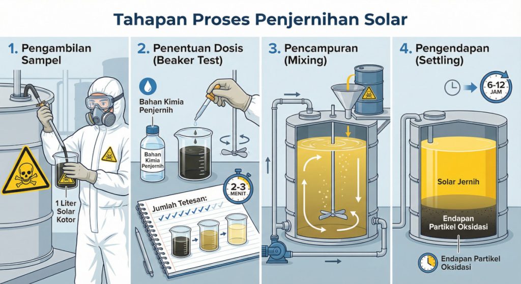 Tahapan tutorial proses penjernihan minyak solar menggunakan bahan kimia pemurni PT ICSA di lokasi site
