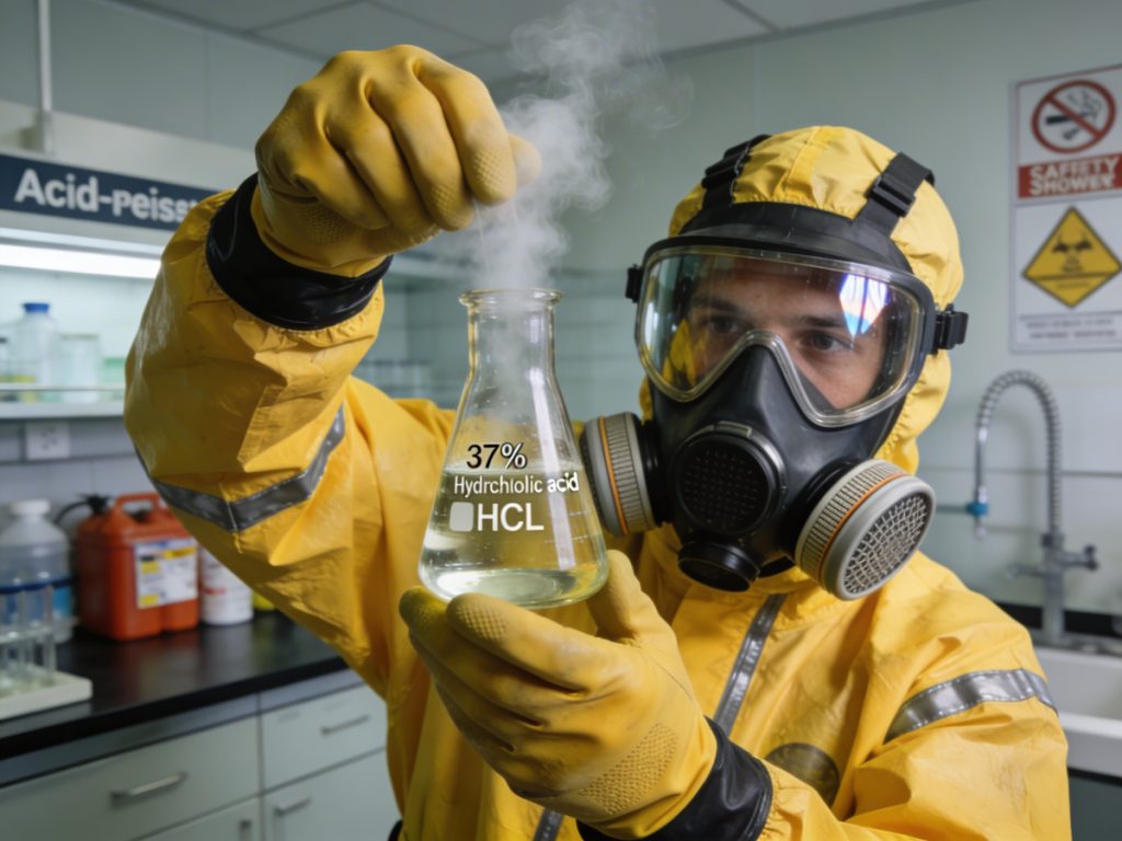 APD lengkap untuk menangani bahan kimia asam kuat seperti HCl