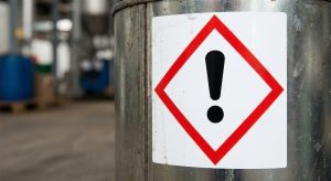 Piktogram tanda seru (exclamation mark) dalam bingkai belah ketupat merah standar GHS