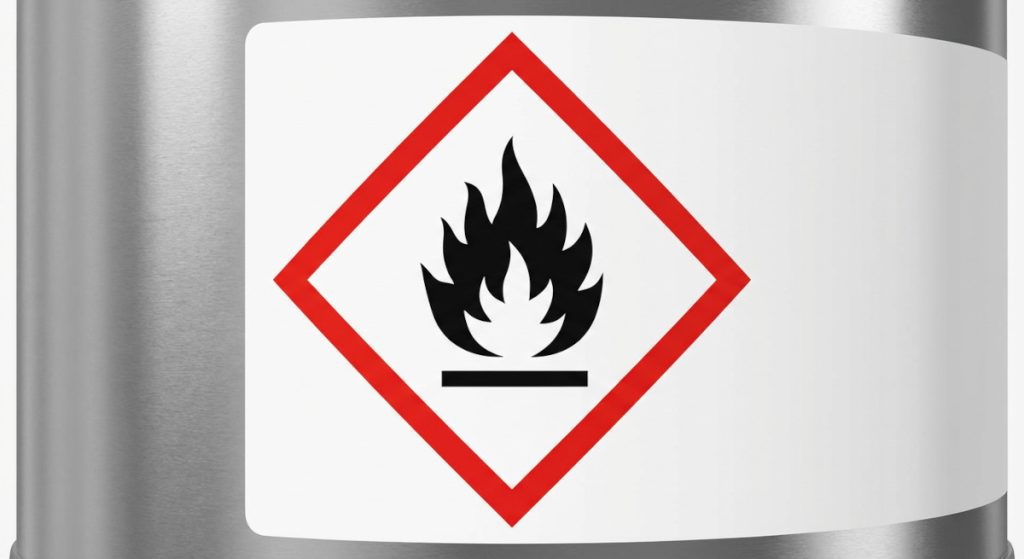 Simbol piktogram api (flammable) standar GHS dalam bingkai belah ketupat merah