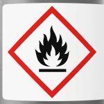 Simbol piktogram api (flammable) standar GHS dalam bingkai belah ketupat merah