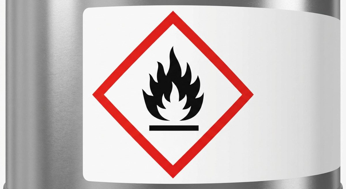 Simbol piktogram api (flammable) standar GHS dalam bingkai belah ketupat merah