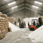 tumpukan karung garam industri atau tumpukan kristal putih di gudang Distributor Bahan Kimia Industri