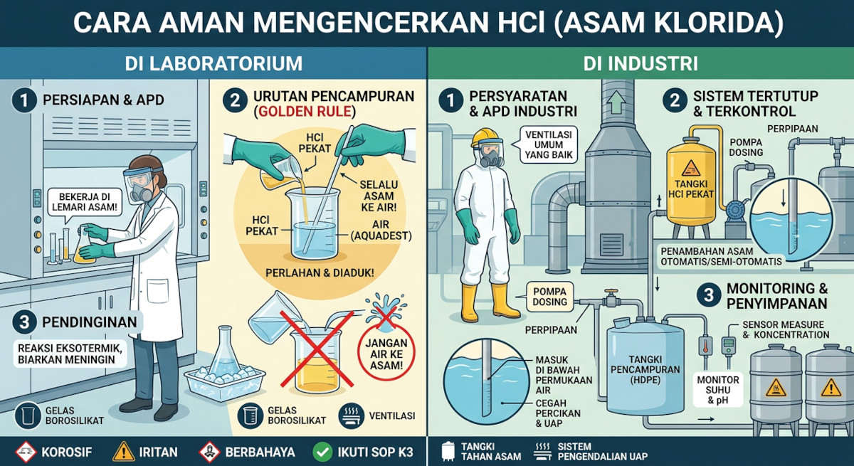 Cara Aman Mengencerkan HCl (Asam Klorida) di Laboratorium & Industri