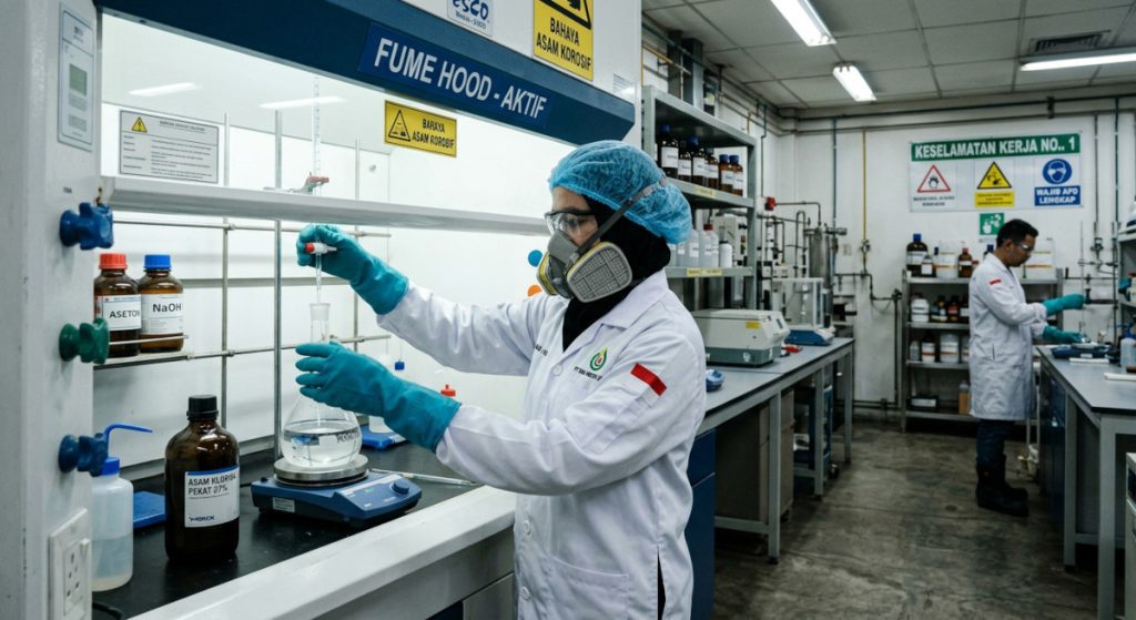 Proses pengenceran asam klorida menggunakan APD lengkap di laboratorium industri