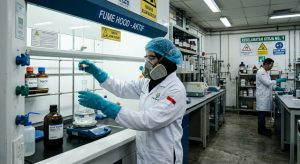 Proses pengenceran asam klorida menggunakan APD lengkap di laboratorium industri